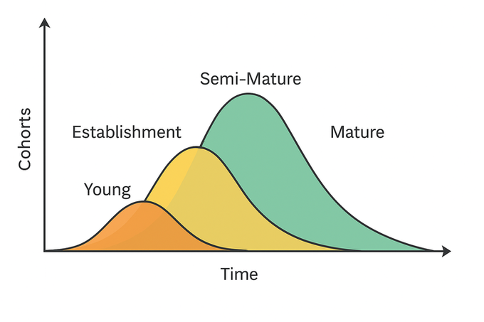 Overlapping maturity cohorts showing establishment, young, semi-mature and mature tree cohorts over time
